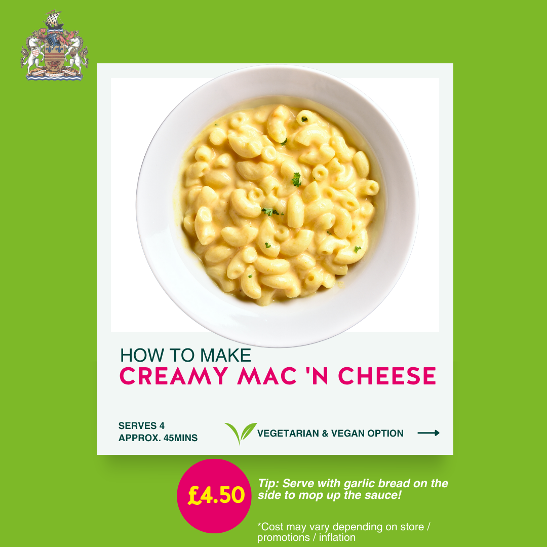 How to make a creamy mac and cheese. Serves 4 and takes approximately 45 minutes to make. Vegan and vegetarian option included. Tip: Service with garlic bread on the side to mop up the sauce. Costs approximately £4.50