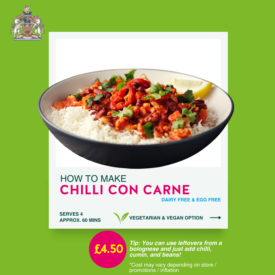 How to make a chilli con carne. A dairy free and egg free recipe with vegetarian and vegan options available. Serves 4. Takes approximately 60 minutes to make. Ingredients cost an estimated £4.50. Tip: You can use leftovers from a bolognese and just add chilli, cumin, and beans!