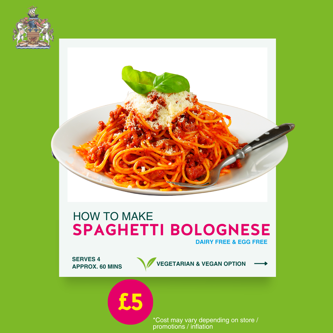 'How to make spaghetti Bolognese' A recipe that can be made dairy free and egg free. Serves 4 and takes approximately 60 mins to make. Vegan and vegetarian option available. Costs approximately £5 total. *Cost may vary depending on store / promotions / inflation
