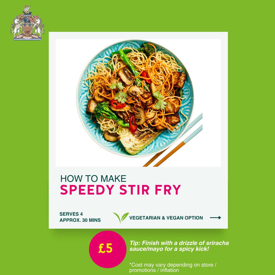 How to make a speedy stir fry. Serves 4 and takes approximately 30 mins to make. Vegetarian and vegan option included. Costs approximately £5. Cost may vary depending on store / promotions / inflation